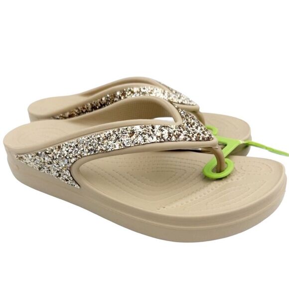 Crocs Sloane Gold Glitter Flip Flops Size 9 Tan - Picture 2 of 8